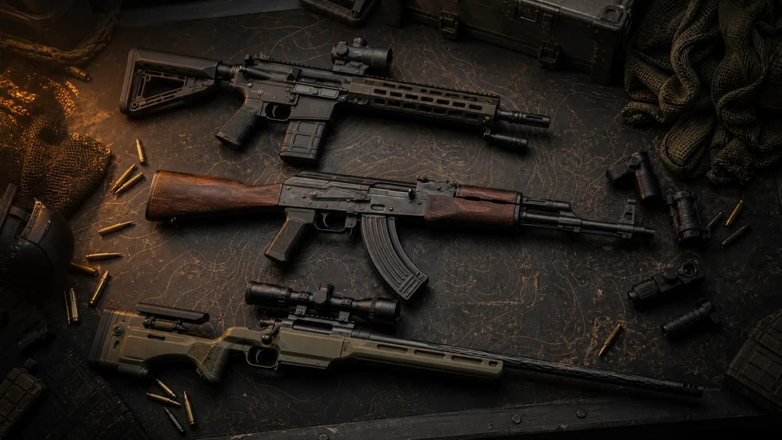 A modern 5.56 rifle, 7.62 rifle and scoped marksman rifle arranged on a tactical map