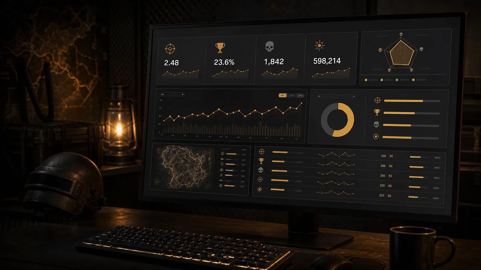 A tactical stats dashboard glowing amber in a dark battle-royale den