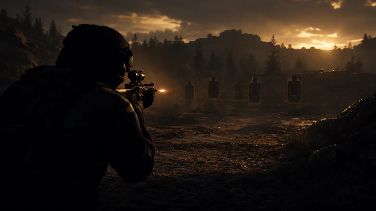 A soldier trains at a firing range at dusk, targets backlit in amber
