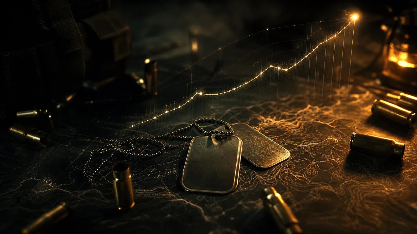 Dog tags and spent casings beside a rising holographic stat curve