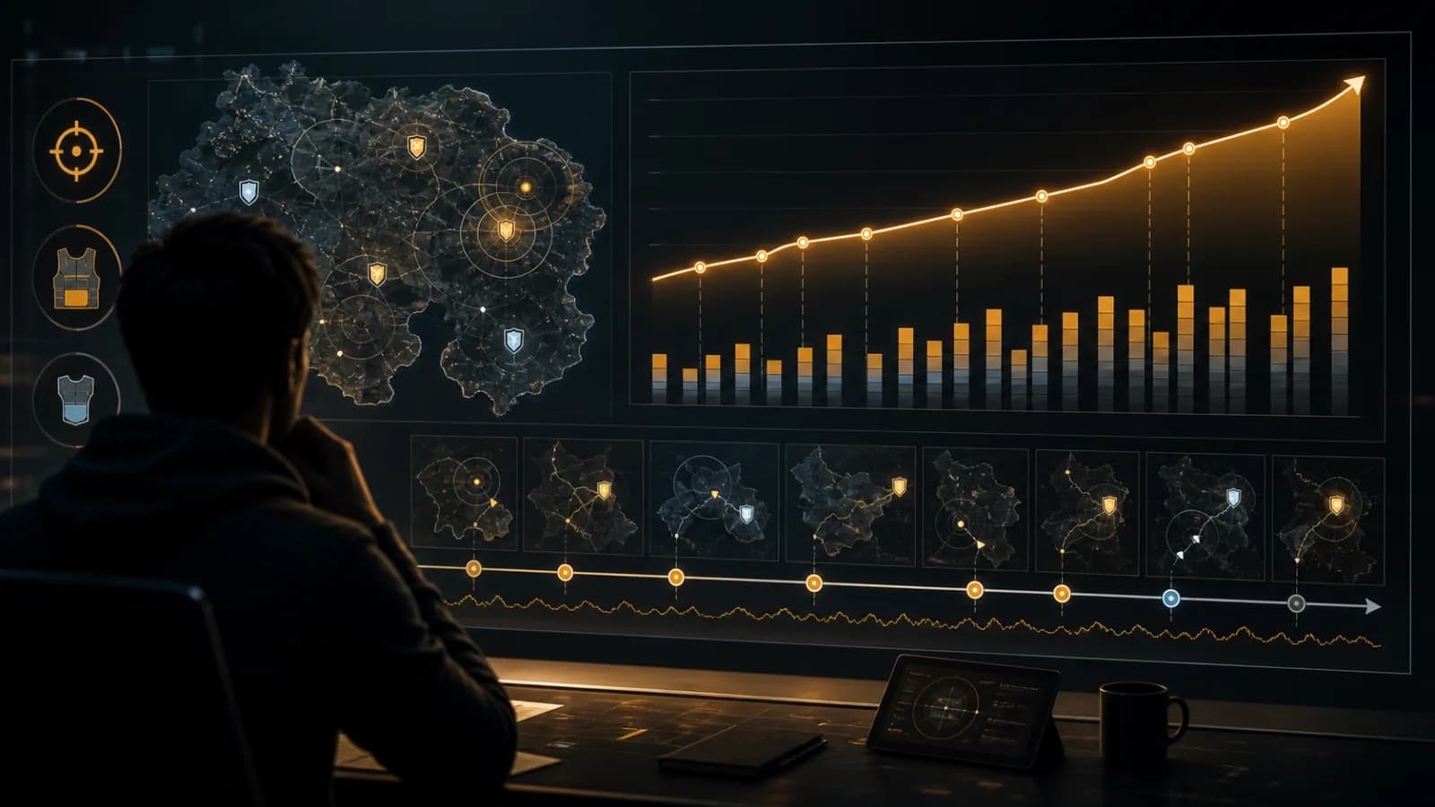 A player reviews an amber damage trend, match timeline and tactical map