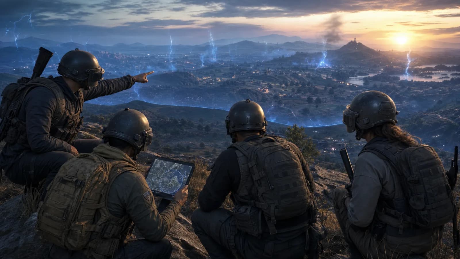 A four-player squad studies the next safe-zone rotation from a ridge